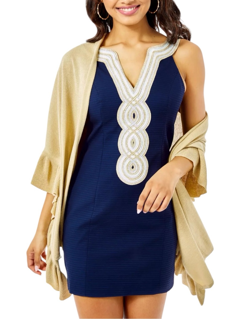 LILLY PULITZER Valli Shift Dress in True Navy Gold Metallic Trim Size 0 -- WOW!!